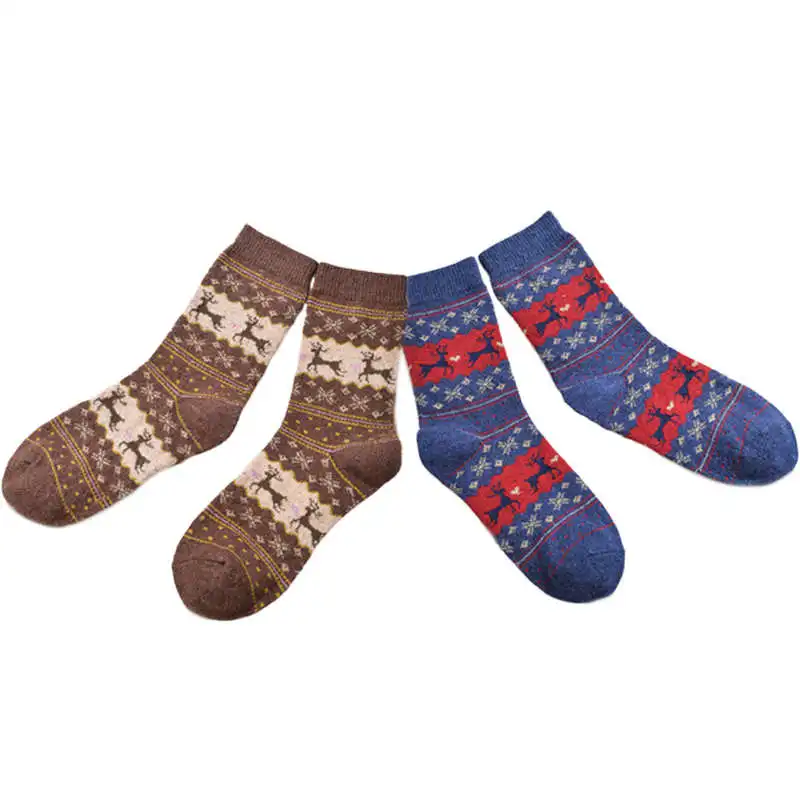 2 пар/лот, зимние женские носки, сохраняющие тепло, рождественский подарок, носки до середины икры, снежинка, олень, удобные мягкие носки, Calcetines Mujer - Цвет: Brown Blue