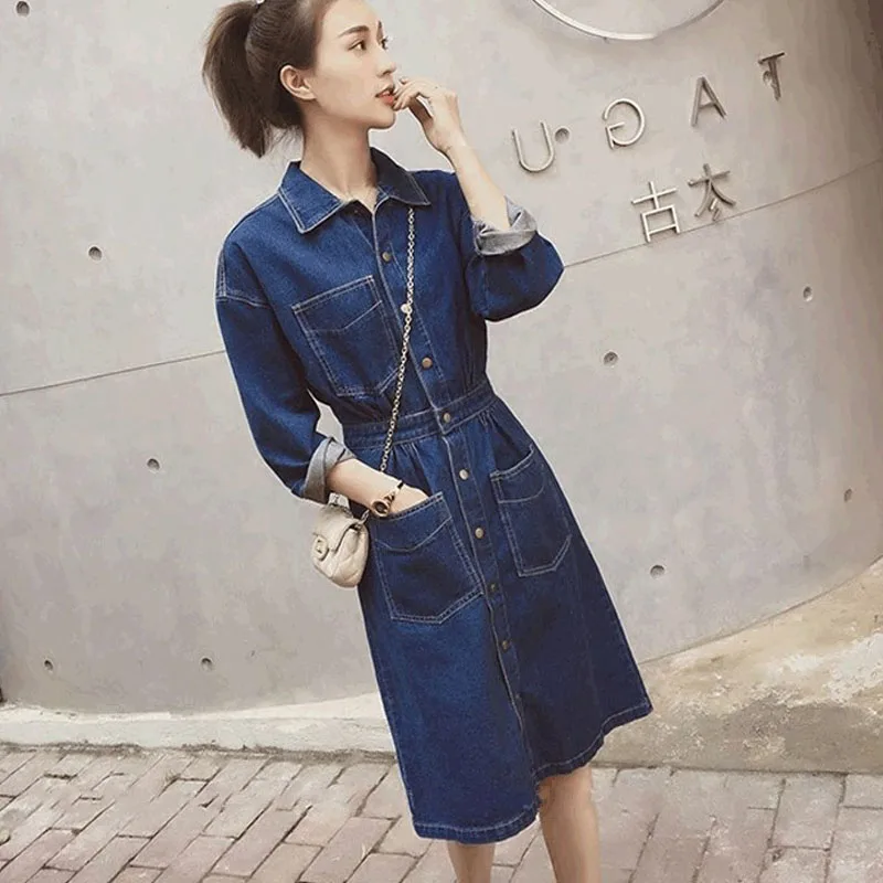 

Long Sleeve Autumn Denim Dress Women Single Breasted Casual High Waist Ladies Midi Dress Vestidos Plus Jeans Jurken Outwear