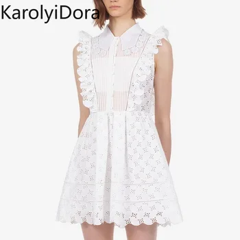 

Self Portrait White Women Dress Runway Summer Lace Floral Embroidery Patchwork Cotton Dress Sleeveless Hollow Out Shirt Dresses