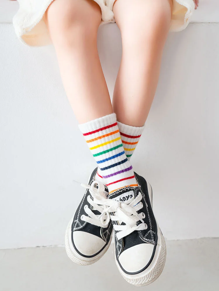 Kids Socks Children's Unisex Cotton Rainbow Socks For Boys Girls Harajuku Toddler Baby Colorful Stripe Knitted Socks 1-8T