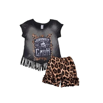 

black color girls summer outfits leopard grain short sets ruffle icing boutique clothes