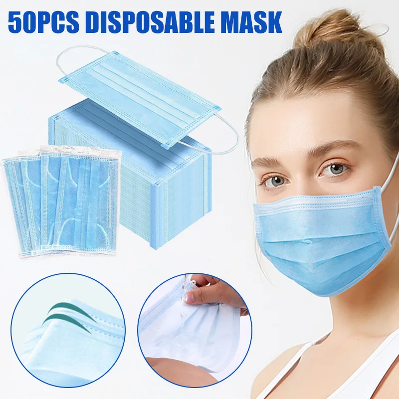 

50pcs 3 Layers Mask Dust Protection Face Masks Disposable Breathing Filter Earloop