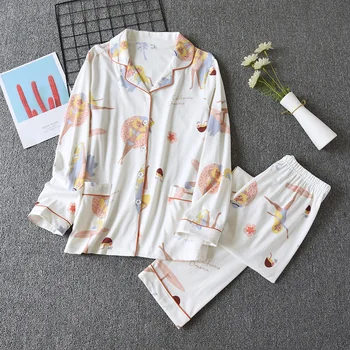 

2020 Women Pajama Set Autumn Knit Cotton Nightwear Female Long Sleeve sleepwear Set Homewear Comfortable Casual Cute Home Suit