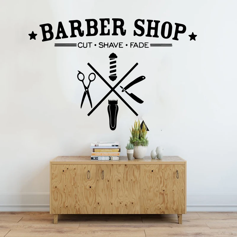 Barber Shop Logo Star Wall Sticker Hairstyle Makeup Cut Shave Fade Man Cave Wall Decal Hair Shop Vinyl Decoration (3)