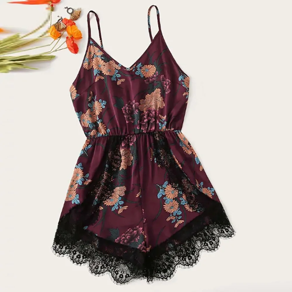 New Arrival 2019 Sexy Silk Flower Print Bodysuit Women Summer Lace V Neck Spaghetti Strap Club Bodysuits Fashion Body Top