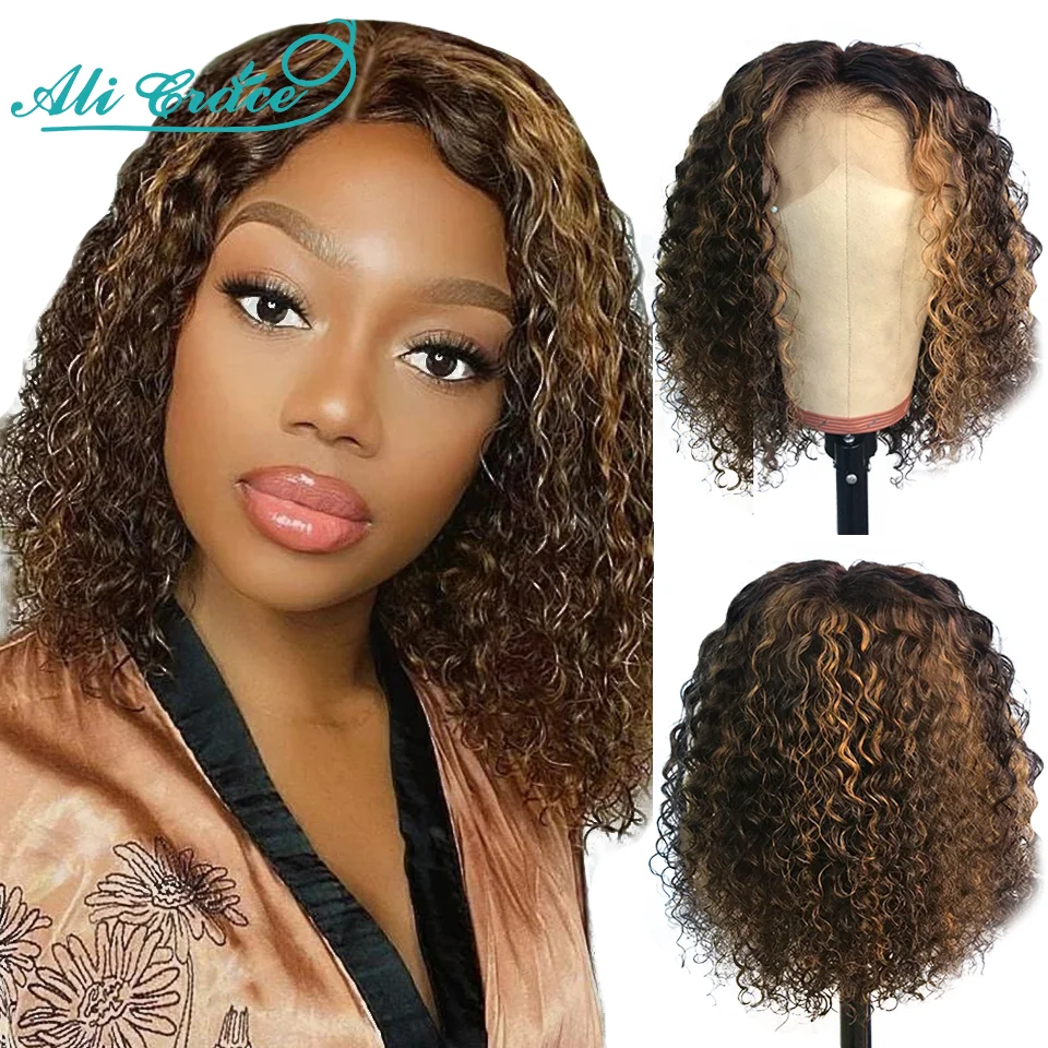 Ali Grace Hair Highlight Brown Curly Bob Wig 4X4 Lace Closure Human