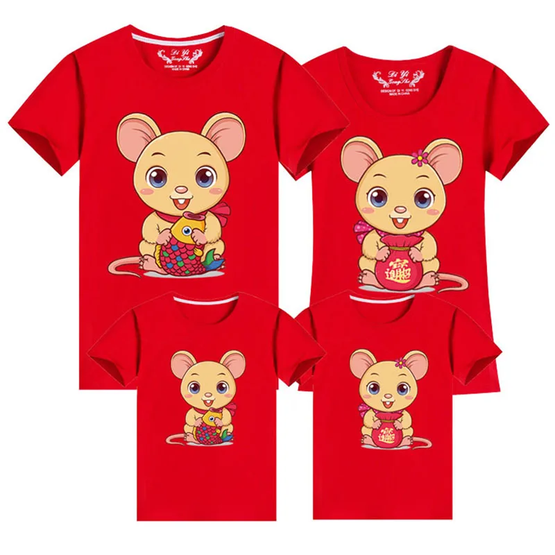 Family Matching Clothes Mouse New Year Summer Print T-Shirt Mommy And Daughter Father And Son Clothes Family Look - Цвет: Red