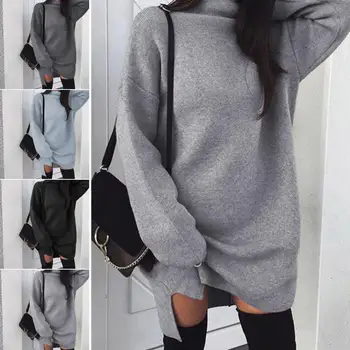 

Women Sweaters Dress Winter Autumn Loose Knitwear Sweater Long Sleeve Turtleneck Slit Dress Warm Outdoor Windproof Xmas Gift
