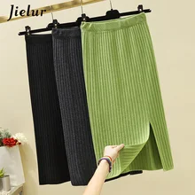 Jielur, НОВАЯ Трикотажная юбка, женская сумка, Вязанный свитер, юбка, толстая, Осень-зима, прямая, высокая талия, длинная