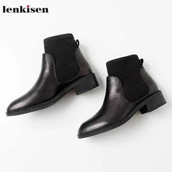 

Lenkisen cow leather knitting socks boots med heels round toe preppy style black colors winter keep warm women ankle boots L52