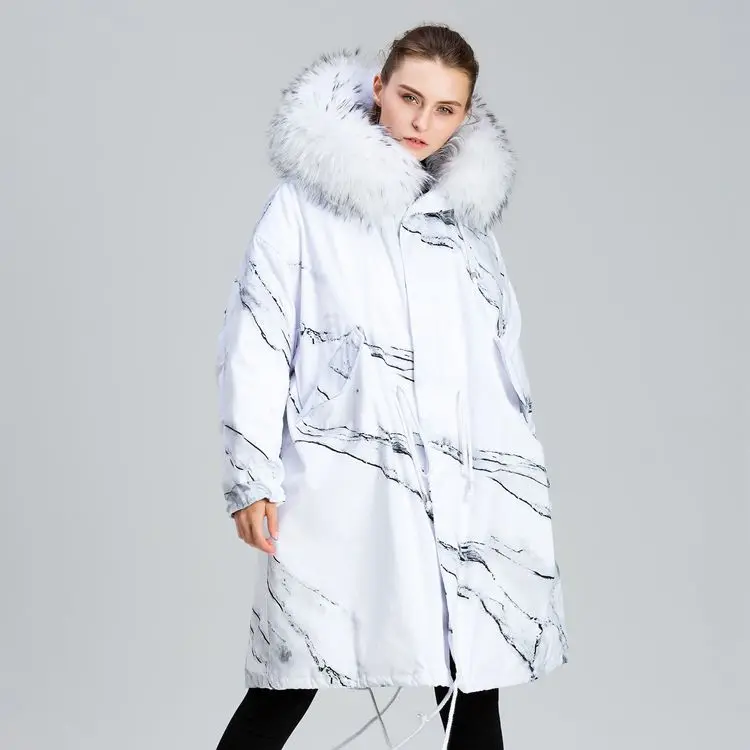 Ink painting design new personality loose raccoon white collars in the long winter coats for women