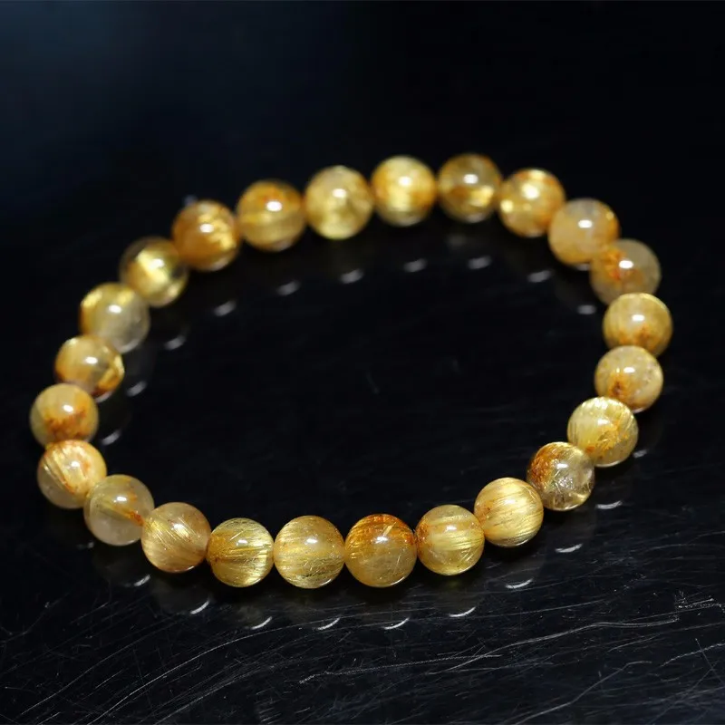 Natural Genuine Titanium Gold Hair Rutile Quartz  Stretch Bracelet Round Beads 8-14mm