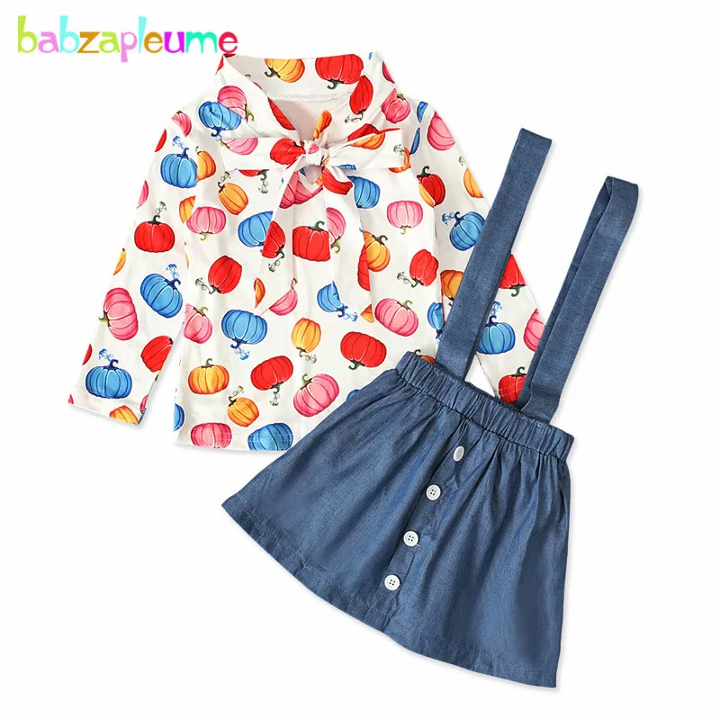 

2Piece/Spring Little Girls Clothes Korean Fashion Print Long Sleeve Bow T-shirt+Kids Denim Skirt Set Children Clothing BC1357-1