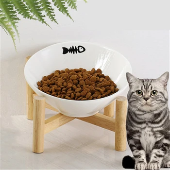 

Creative Cute Ceramic Cat Bowl Feeder with Wooden Stand Cervical Protect Food Water Cat Bowl Porcelain Small Dog Pet Supply