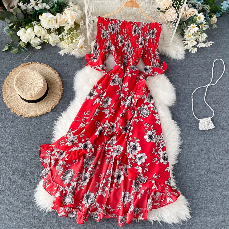 

Holiday one-line collar strapless short-sleeved irregular ruffled beach dress summer new Korean high-waist printed dress women
