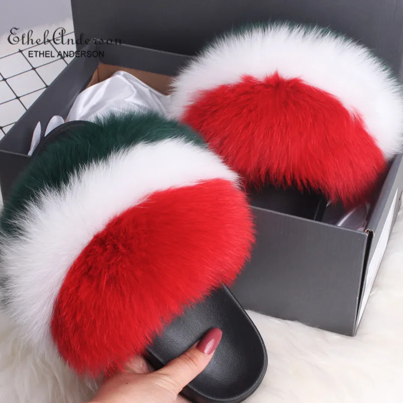 2021 Hot Sale Women Real Fox Fur Slippers Multi-color Summer Fashion Slides Casual Female Furry Shoes