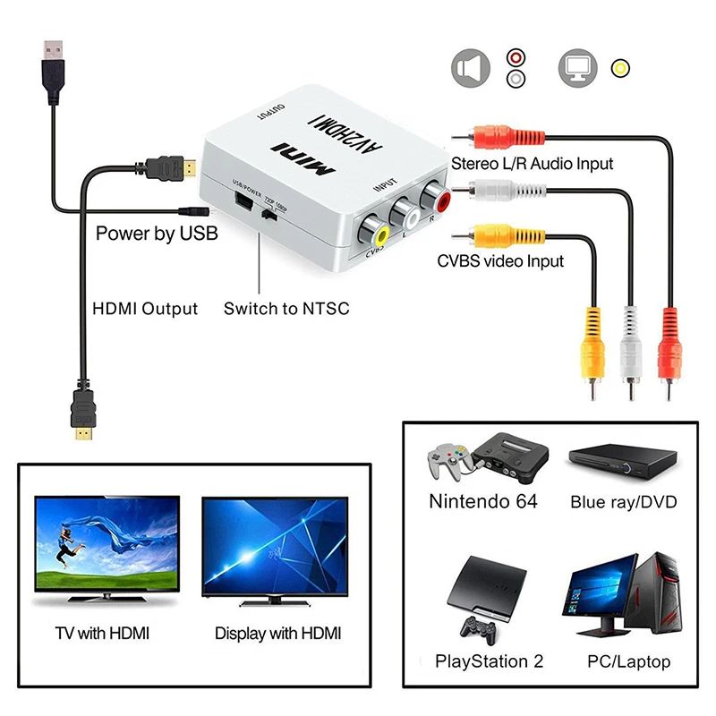 RCA AV to HDMI Video Converter Box HD 1080P AV2HDMI adapter for TV PS3 PS4 computer DVD Xbox projector