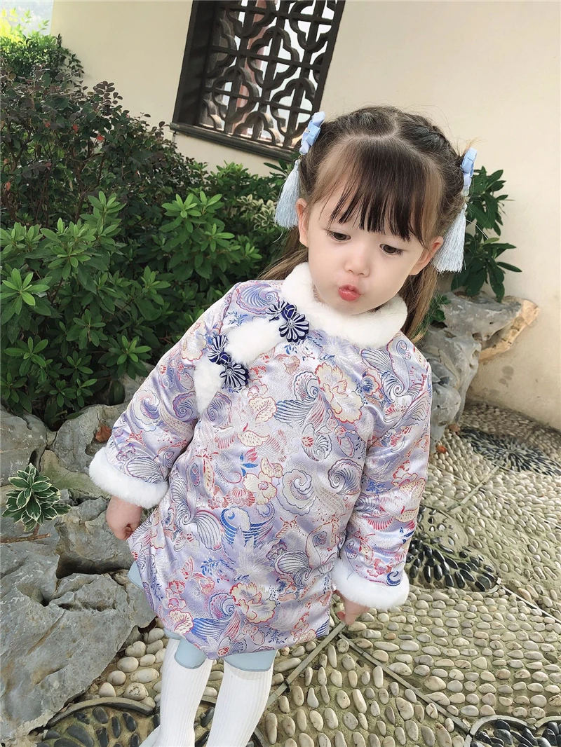 Традиционное китайское платье Чонсам для маленьких девочек в стиле ретро; костюм Ципао в стиле Тан; зимнее свадебное платье с мехом; винтажная детская праздничная одежда