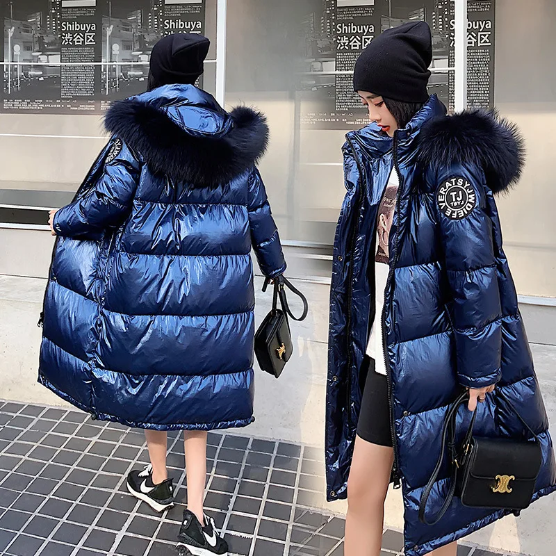 

Ozhouzhan down Jacket Women's Mid-length over-the-Knee Hooded 2019 Winter New Style Bright Surface Thick Oversized Fur Collar of