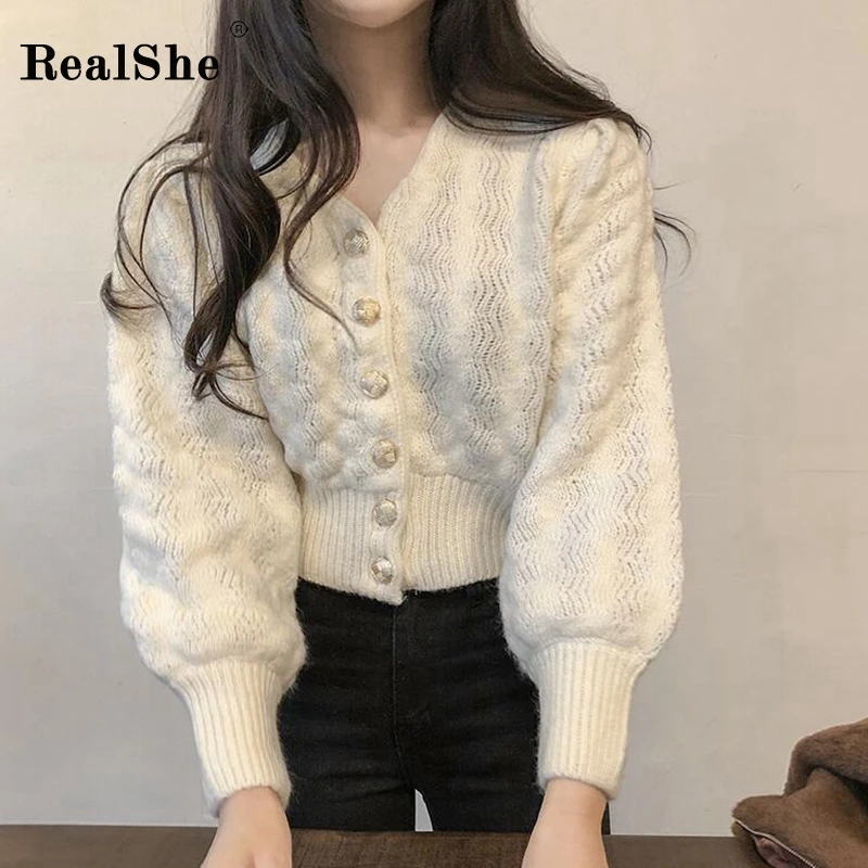 RealShe женский свитер,, v-образный вырез, длинный рукав-фонарик, на пуговицах, однотонный, Осень-зима, свитер для женщин, Повседневные свитера для женщин, кардиган
