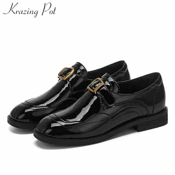 

Krazing pot genuine leather handsome belt buckle straps low heels round toe slip on women solid mature neutral fashion pumps L80