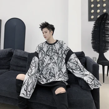 

New Men Fake 2 Pieces Splice Printing Pullover Sweatshirt Outerwear Male Street Hip Hop Loose Hoodie Sweatshirt