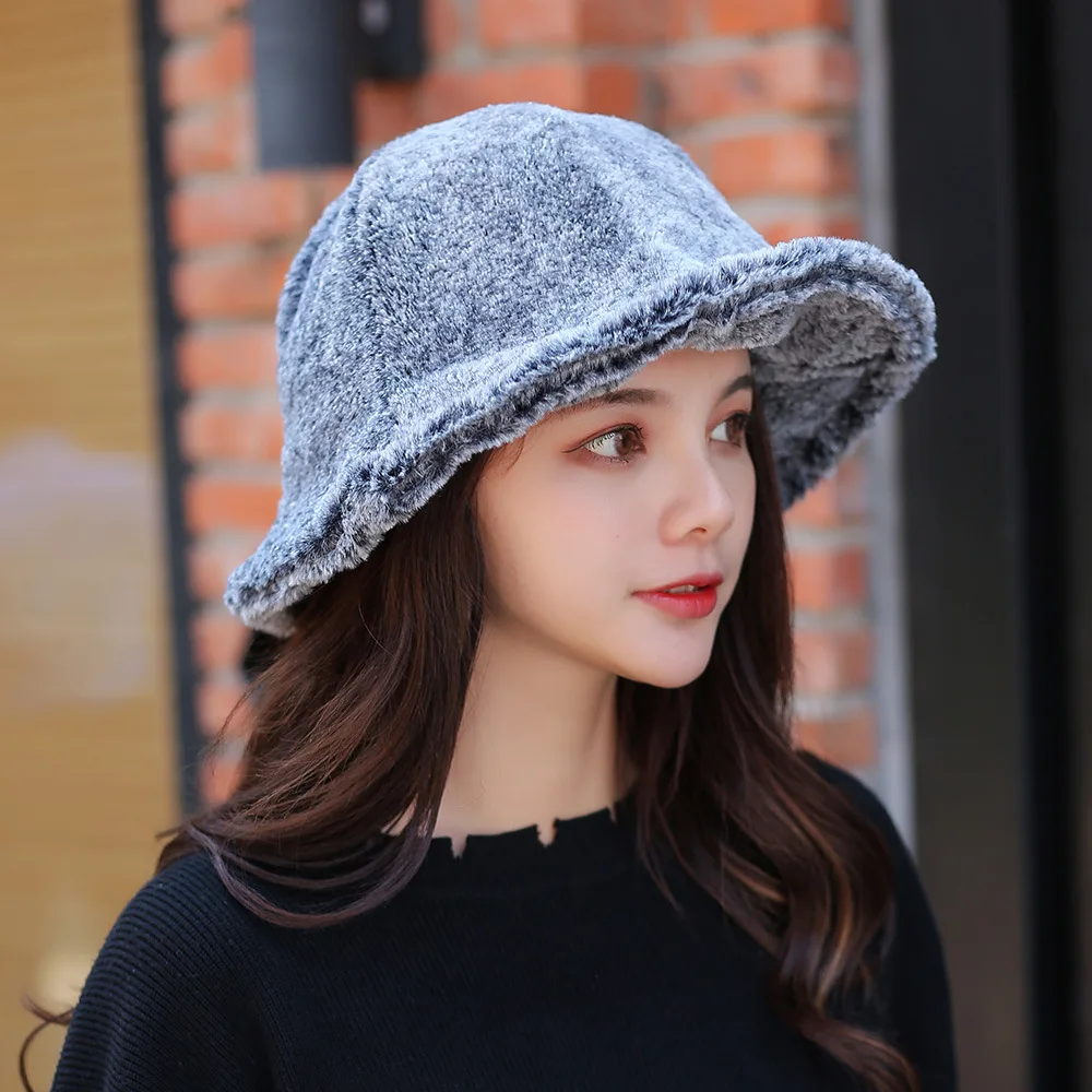 Японский женский зимний толстый теплый кролик ведро берет сплошной цвет мода