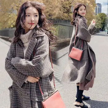 

Autumn and winter women plaid windbreaker 2019 woolen coat female middle long new houndstooth coat