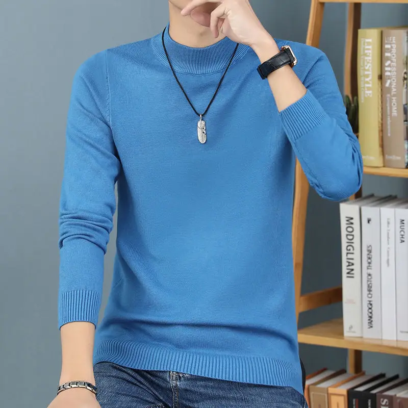 

Men 2021 Autumn Winter Fashion Slim Warm Jumper Men Solid Long Sleeve Sweater Pullover Tops Male Mock Neck Knitted Tops O375