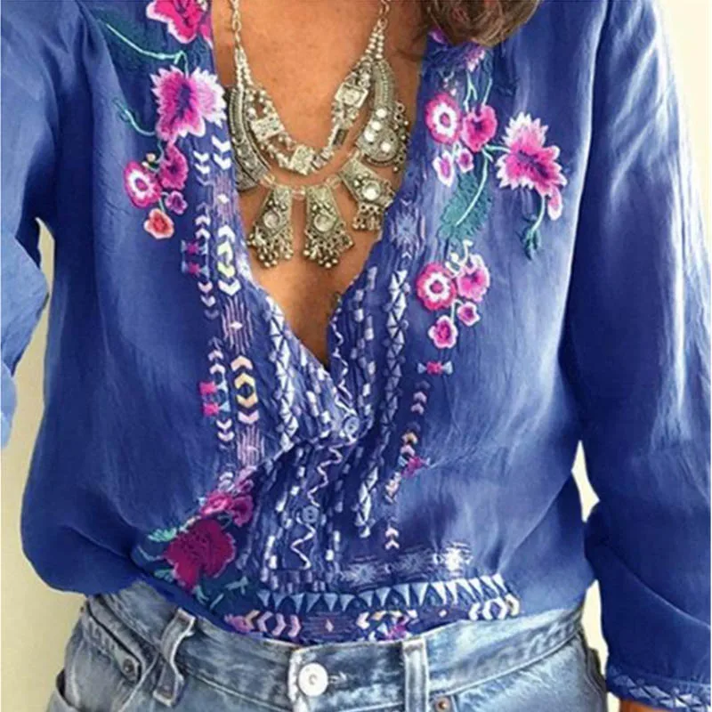 Fanbety, Женская богемная блузка с вышивкой, рубашка, элегантная, сексуальная, v-образный вырез, этнический стиль, Blusas, летняя, повседневная, три четверти, блузки в богемном стиле