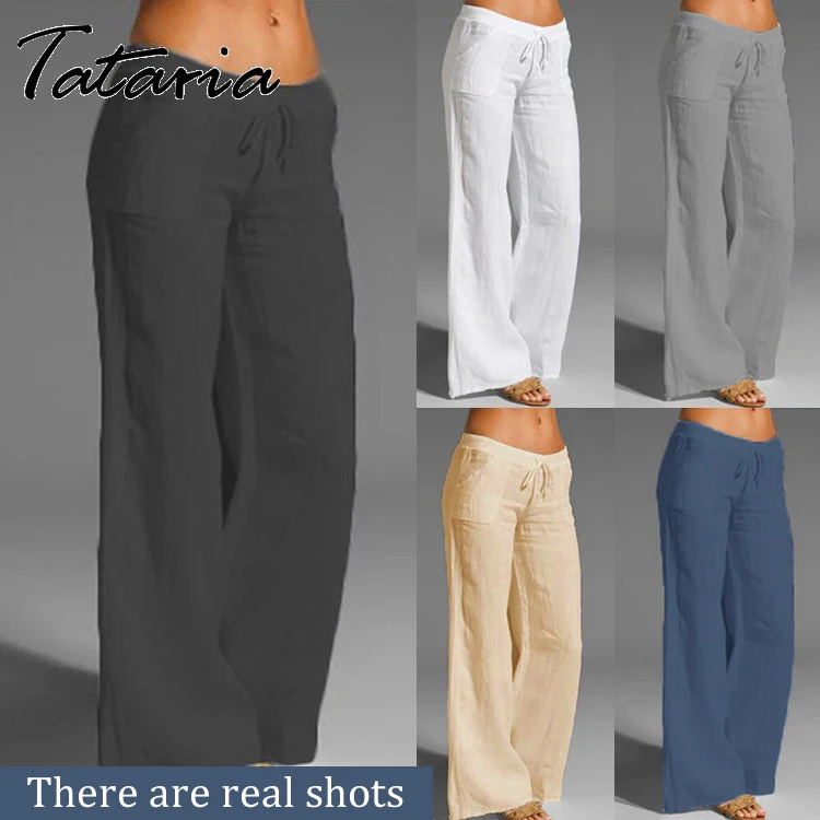 Cotton Pants Harem Elastic-Waist Gray Loose Blue White Female Casual Womens for Soft