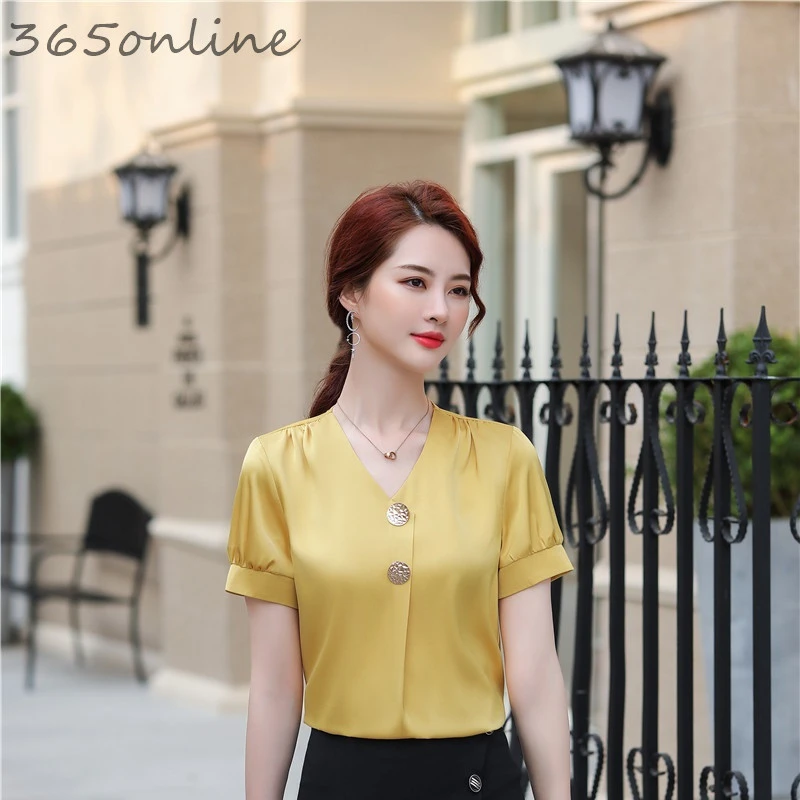 Blusas de manga corta para mujer, camisas elegantes amarillas para mujer, ropa de trabajo de negocios, blusa Formal de estilo OL, Tops para mujer, S-5XL - AliExpress Ropa de mujer