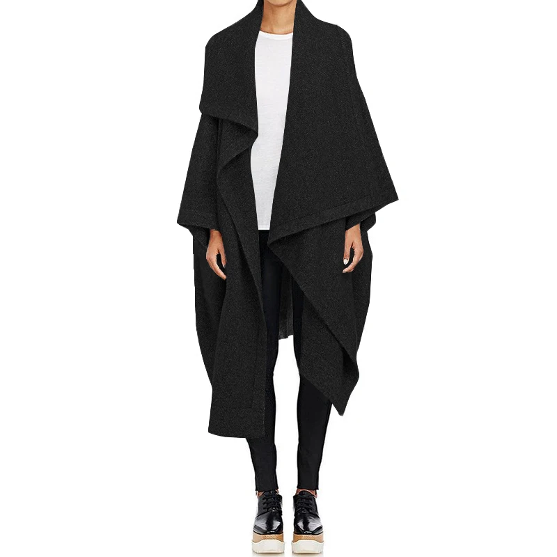 Женский открытый передний Тренч, пальто ZANZEA, зимние шерстяные Длинные куртки, Осеннее однотонное пальто с длинными рукавами, накидка, пончо, верхняя одежда, кардиганы - Цвет: Черный