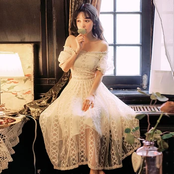 

French vintage women's dress off shoulder lace woman dress puff sleeve summer dress high waist vestidos long dresses 2020 new