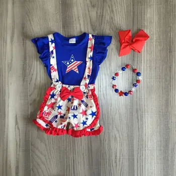 

baby girls July 4th outfits girls stars overalls with blue shirt baby children 4th of july set with accessories