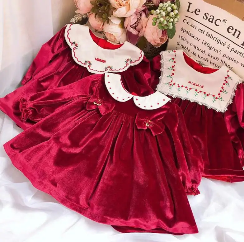

Cute Kids Bow Embrodiered Ruffles Corduroy Dress Princess Color Sweet Girls Babe Winter Fashion Western Party Dress