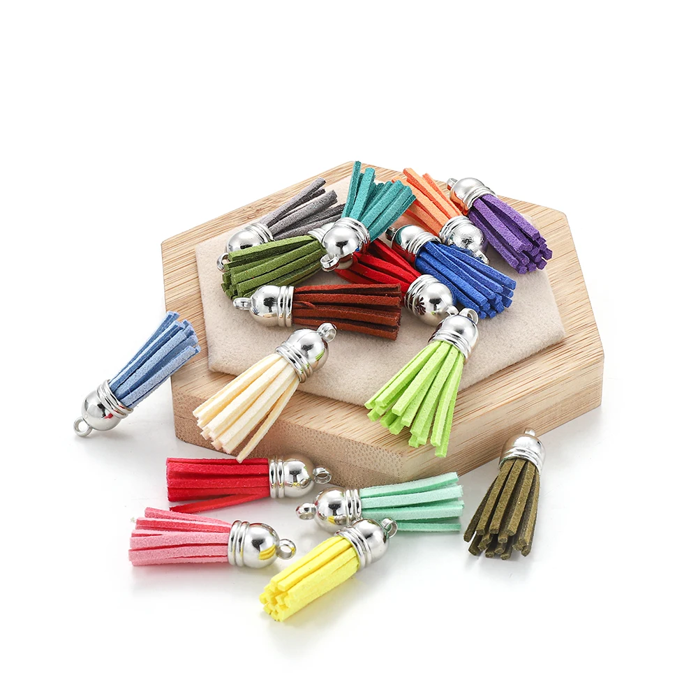 20 unids/lote 38mm cuero borla flecos llavero correa de fibra de flecos de gamuza borla cadenas para accesorios de la joyería DIY