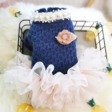 Осенние платья для собак Тедди юбка с кошкой тюль Принцесса Жемчуг синий цветок декор праздничный костюм XS s m l xl