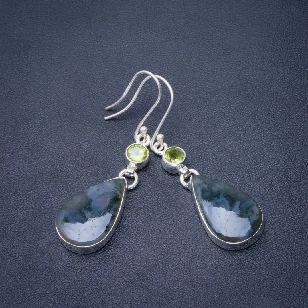 

Natural Moss Agate and Peridot Handmade Unique 925 Sterling Silver Earrings 2" B2180