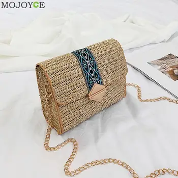 

Ethnic Style Shoulder Sling Bag Women Straw Woven Beach Chain Small Square Purse Retro Splicing Crossbody Handbag