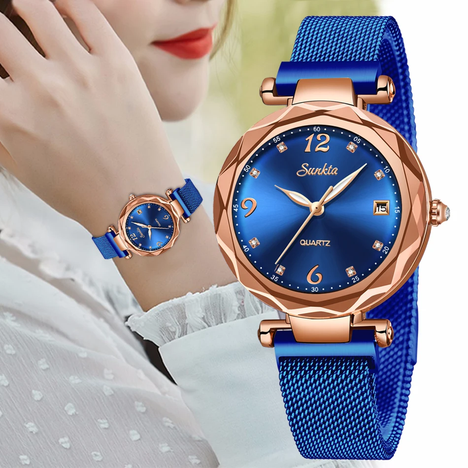 Relógio de Luxo Relógio de Pulso Sunkta Mulheres Estrelado Fivela Magnética Malha Banda Quartzo Feminino Rosa Ouro Diamante Relógios Zegarek Damsk Céu