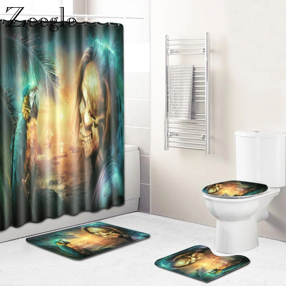 Zeegle 4pcs Bath Mat Set Non Slip Soft Mat Waterproof Shower Curtain with Hooks Toilet Cover Pedestal Mat Bathroom Accessories
