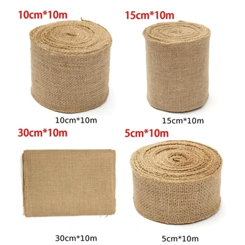 

10M Burlap Ribbon Roll Hessian Jute Cloth Rustic Wedding Party Decor Handmade Party Wedding Decor tablecloth on the table
