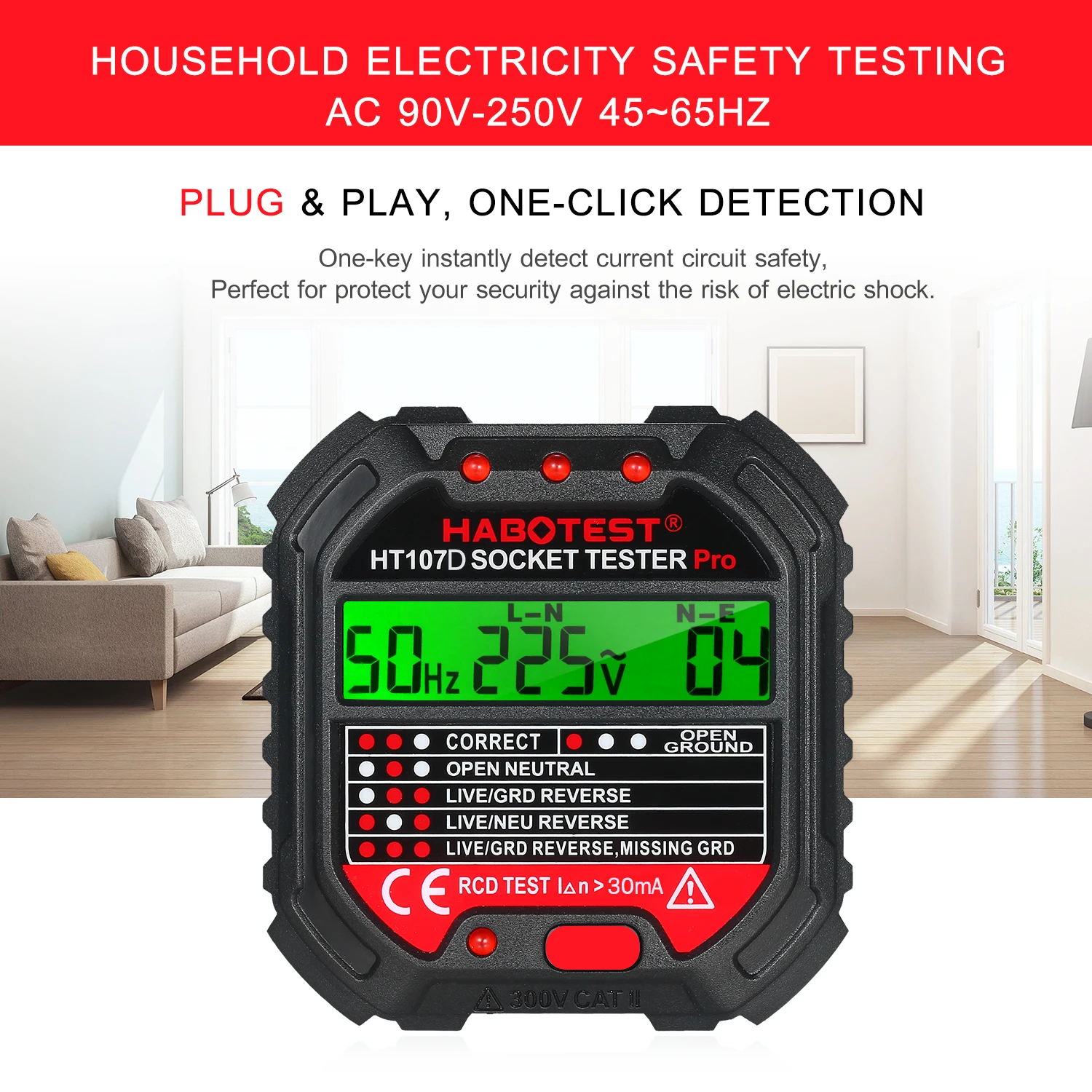 HABOTEST HT107D probador de toma corriente con 90-250V Socket Tester automático circuito eléctrico polaridad Detector de tensión, buscador de interruptor