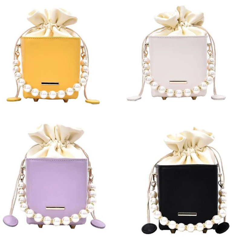 Box Shape PU Leather Crossbody Bags for Women Drawstring Sweet Shoulder Handbags Pearl Handbag |