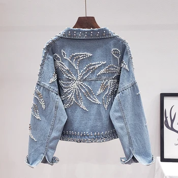 

Harajuku Handmade Beaded Rivets Loose Short Denim jacket Women 2020 Spring New Casual Jeans jacket bomber coat Jaquetas feminina