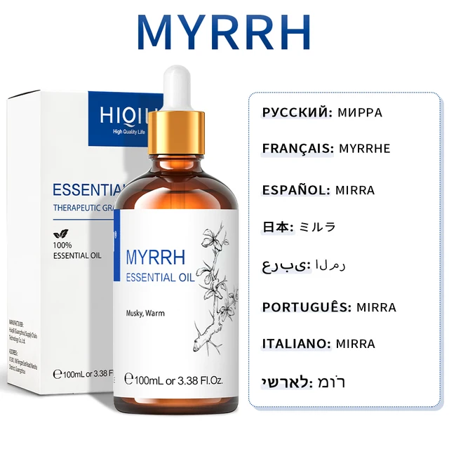 HIQILI 100ML Essential Oils ,Premium Pure Natural for Aromatherapy | Humidifier, Massage,Diffuser, Skin & Hair Care,Perfume DIY Myrrh