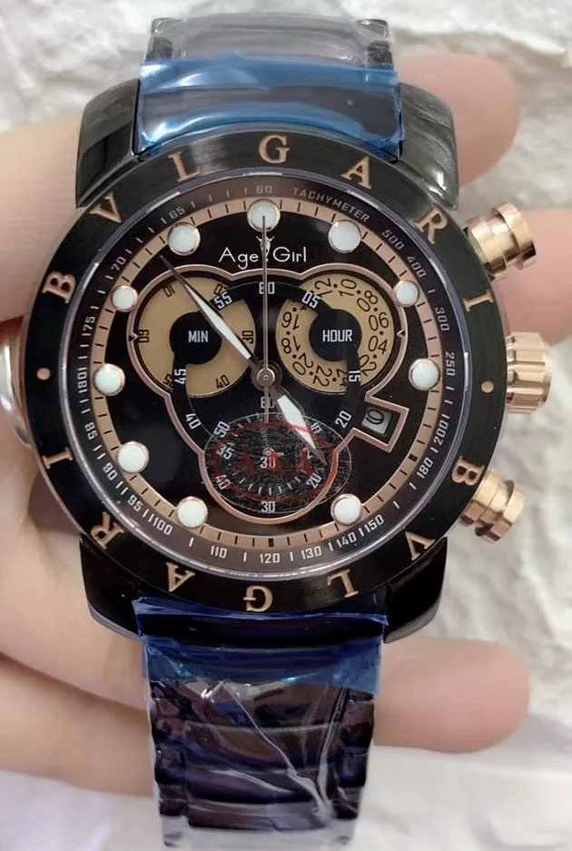 Black Rose Gold Роскошные брендовые Новые мужские Хронограф сапфир Нержавеющая сталь полный черный чехол розовое золото светящийся секундомер водонепроницаемые спортивные часы - Цвет: Black Rose Gold