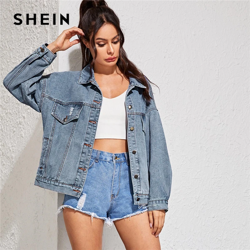 Greatest  SHEIN Blue Single Breasted Button Front Denim Jacket Coat Women Autumn Streetwear Turn-down Collar 