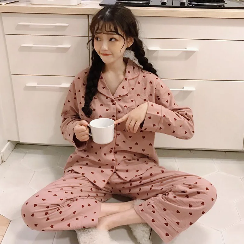 

South Korea Ulzzang Autumn New Style Sweet Heart Shape Comfortable Fold-down Collar Long Sleeve Students Pajamas Homewear Set Wo